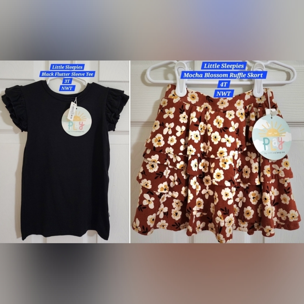 Little Sleepies Mocha Blossom Skort & Black Ruffle Sleeve Tee